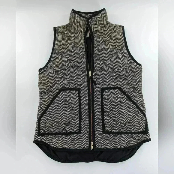 J CREW Puffer Vest Womens xs Black Brown Herringbone Quilted Sleeveless Zip - Picture 1 of 8